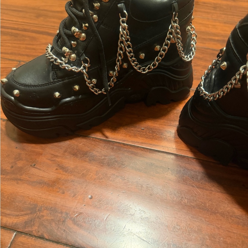 Antony wang Chunky Black Platform Sneakers with Silver Chain & Stud Details - Picture 12 of 15